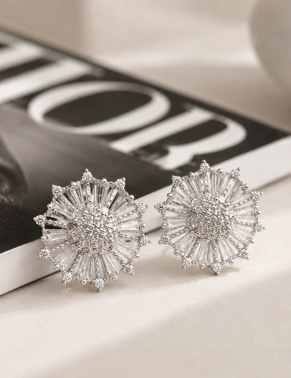 Celeste Radiance Sunburst Crystal Stud Earrings – Silver