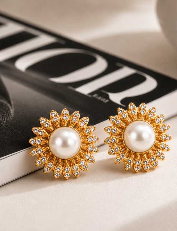 Pearl Blossom Floral Stud Earrings – Gold