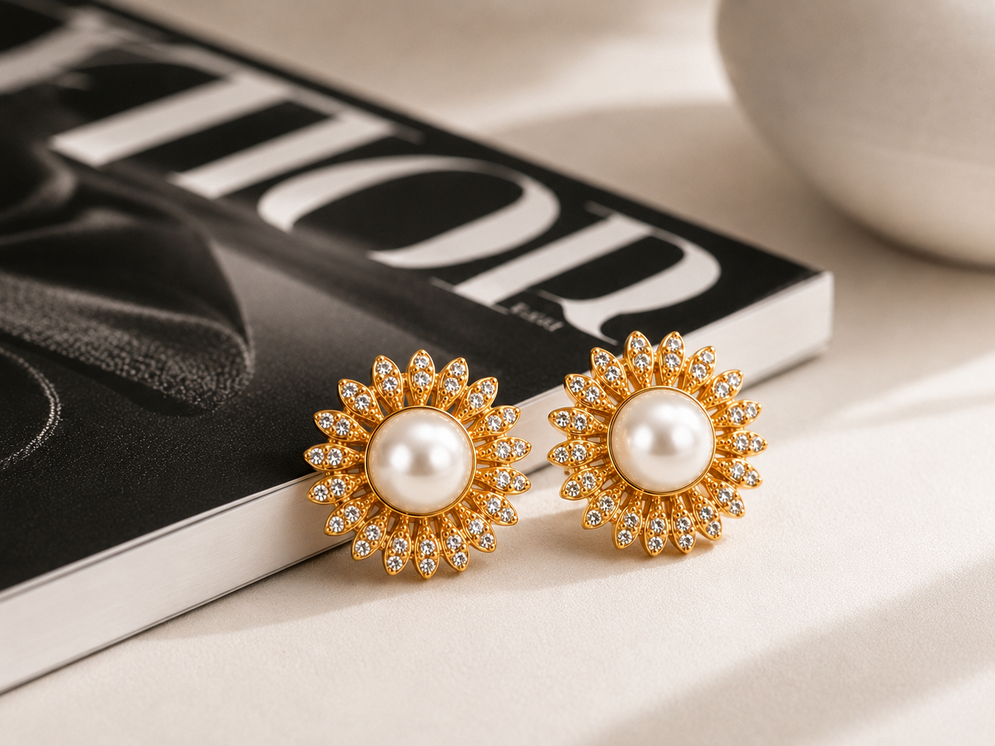 Pearl Blossom Floral Stud Earrings – Gold