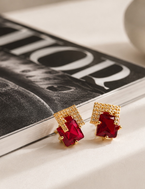 Ruby Luxe Geometric Crystal Stud Earrings – Gold