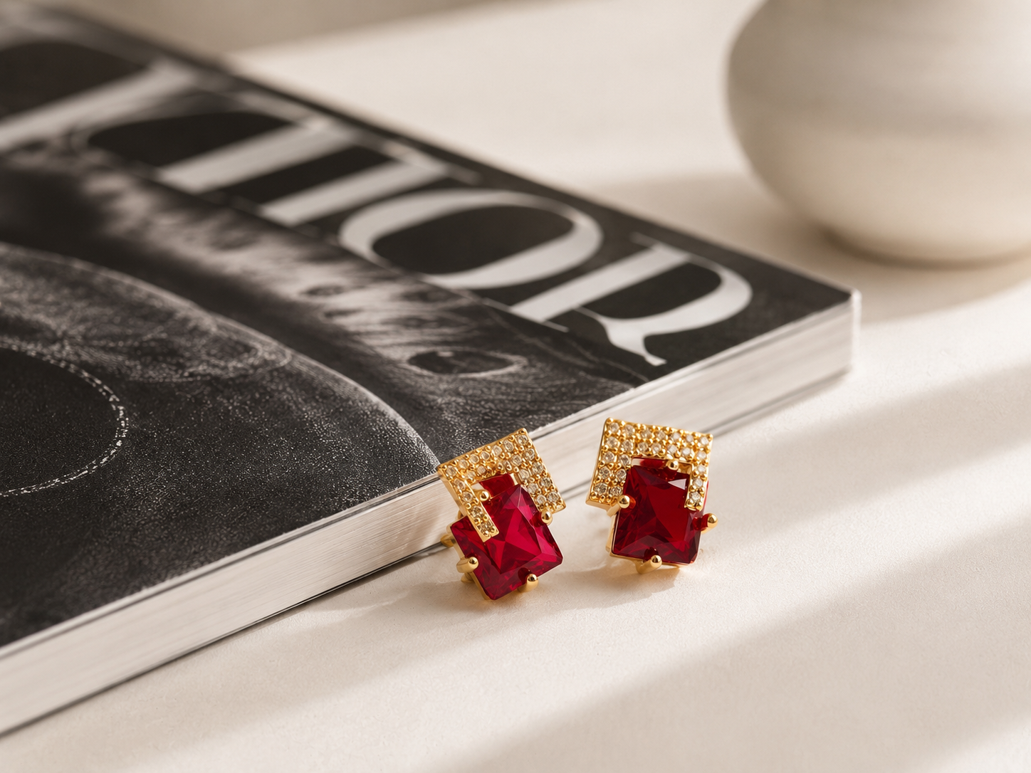 Ruby Luxe Geometric Crystal Stud Earrings – Gold