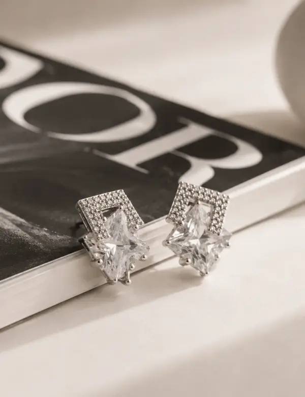Celeste Princess Cut Crystal Stud Earrings Silver Silver Princess Cut Crystal Stud Earrings Cubic Zirconia Stud Earrings Silver Elegant Silver Stud Earrings for Women Malqani Princess Cut Crystal Earrings