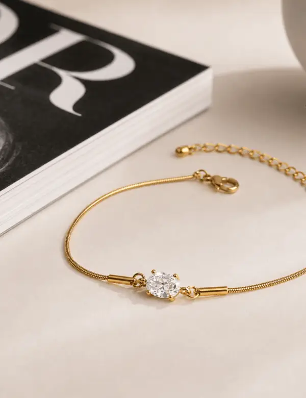 Solitaire Oval Cubic Zirconia Bracelet Gold 18K Gold Plated Oval CZ Bracelet Gold Oval Cubic Zirconia Bracelet Elegant Oval Stone Bracelet for Women Malqani Solitaire Oval Bracelet
