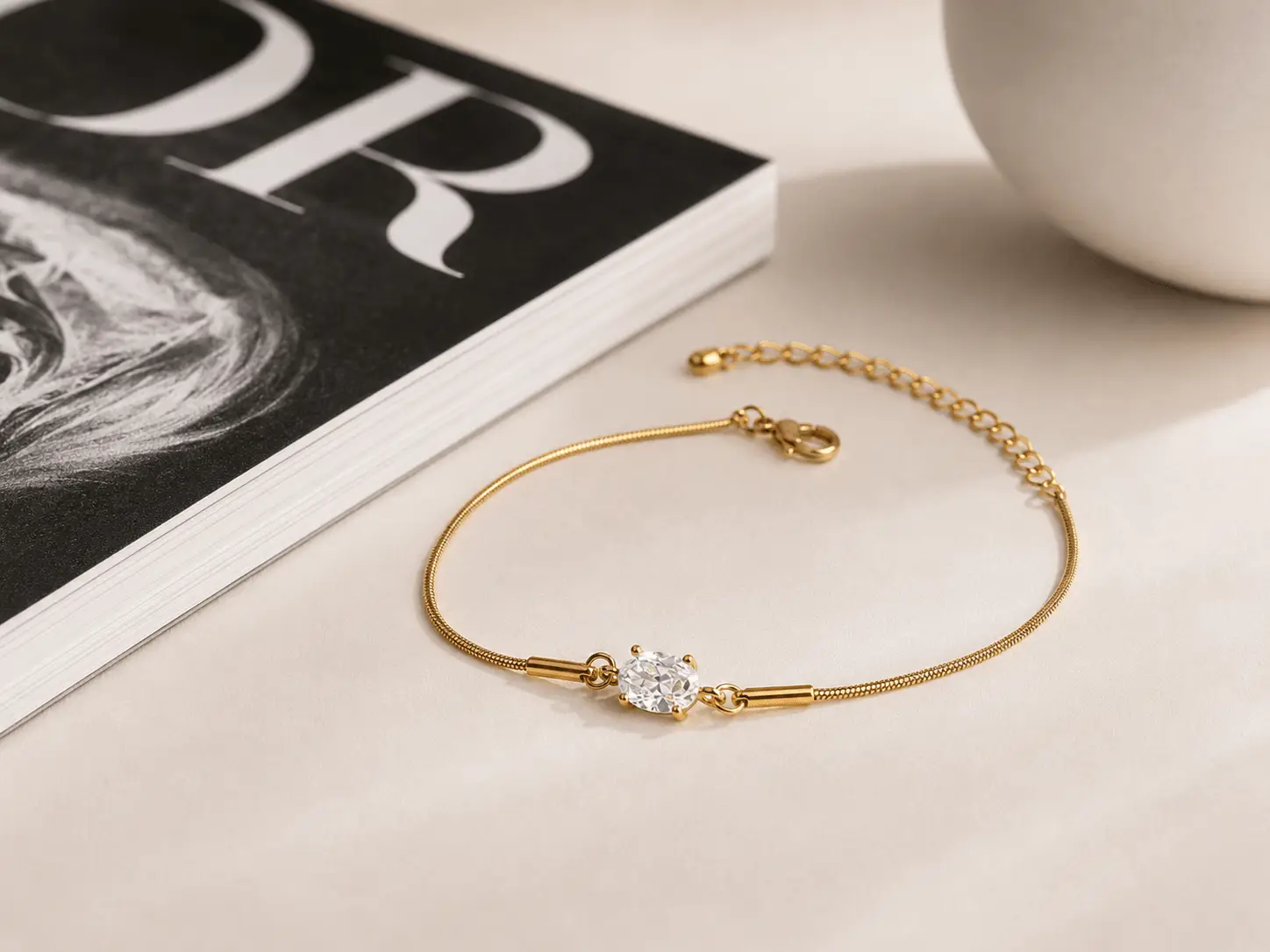 Solitaire Oval Cubic Zirconia Bracelet Gold 18K Gold Plated Oval CZ Bracelet Gold Oval Cubic Zirconia Bracelet Elegant Oval Stone Bracelet for Women Malqani Solitaire Oval Bracelet