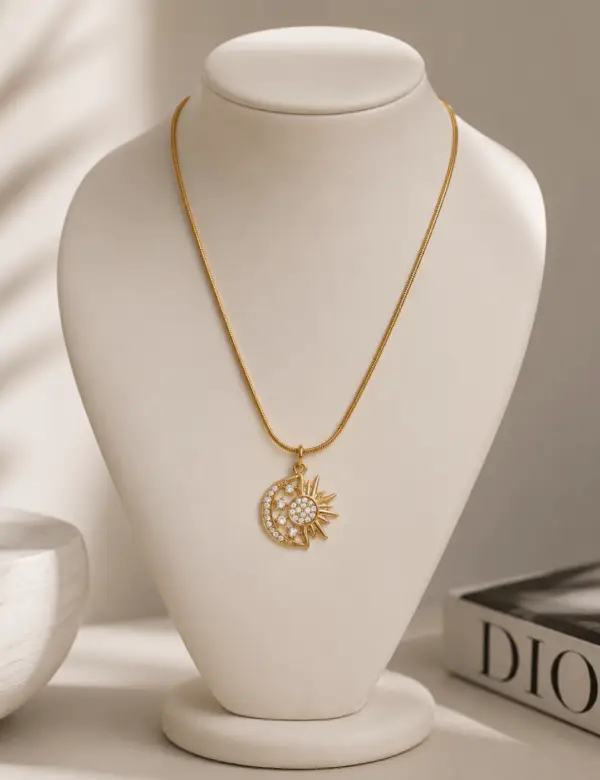 Sun and Moon Cubic Zirconia Pendant Necklace Gold 18K Gold Plated Sun and Moon Necklace Gold Celestial Pendant Necklace Cubic Zirconia Sun Moon Necklace Malqani Sun and Moon Necklace