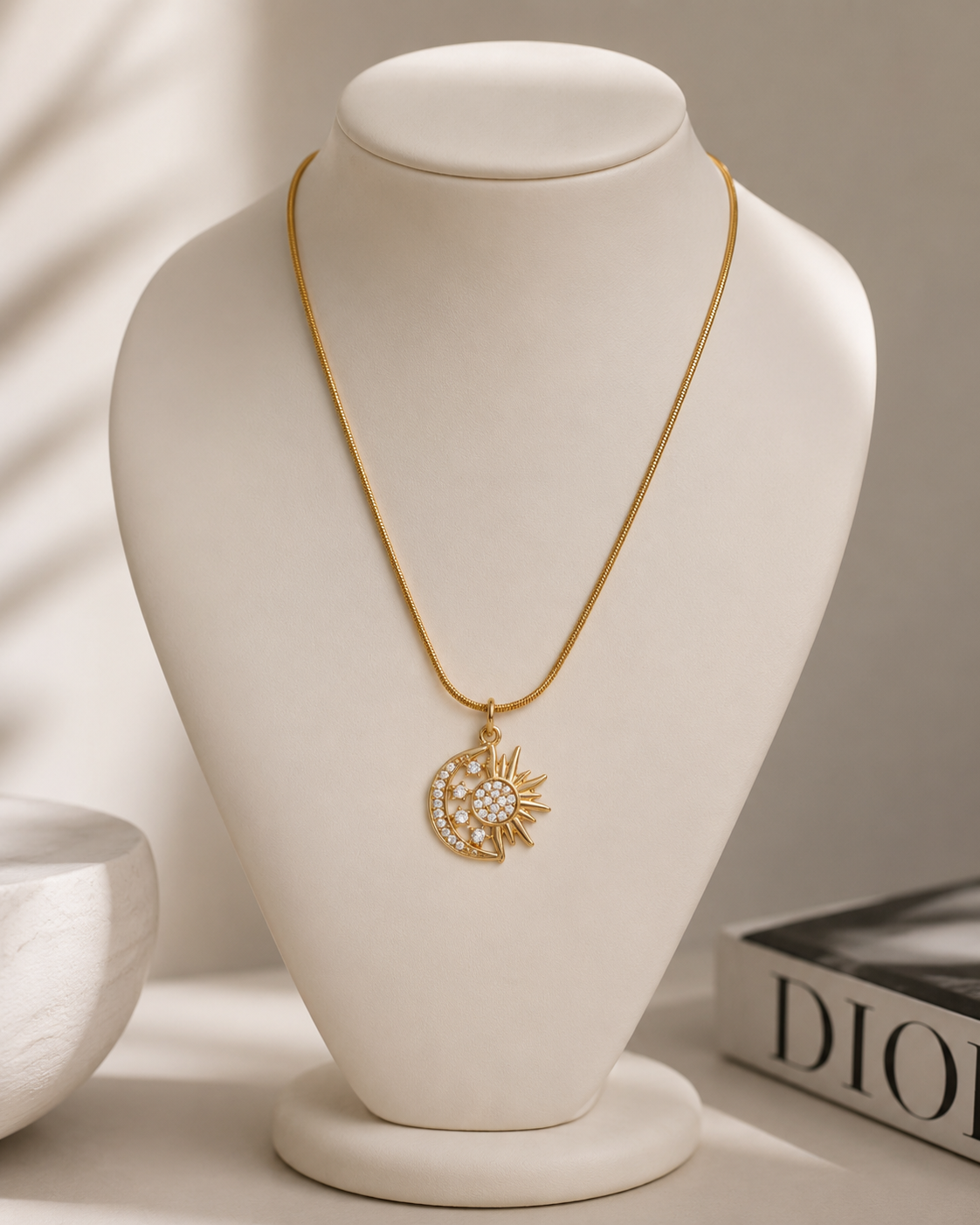 Sun & Moon Cubic Zirconia Pendant Necklace – Gold