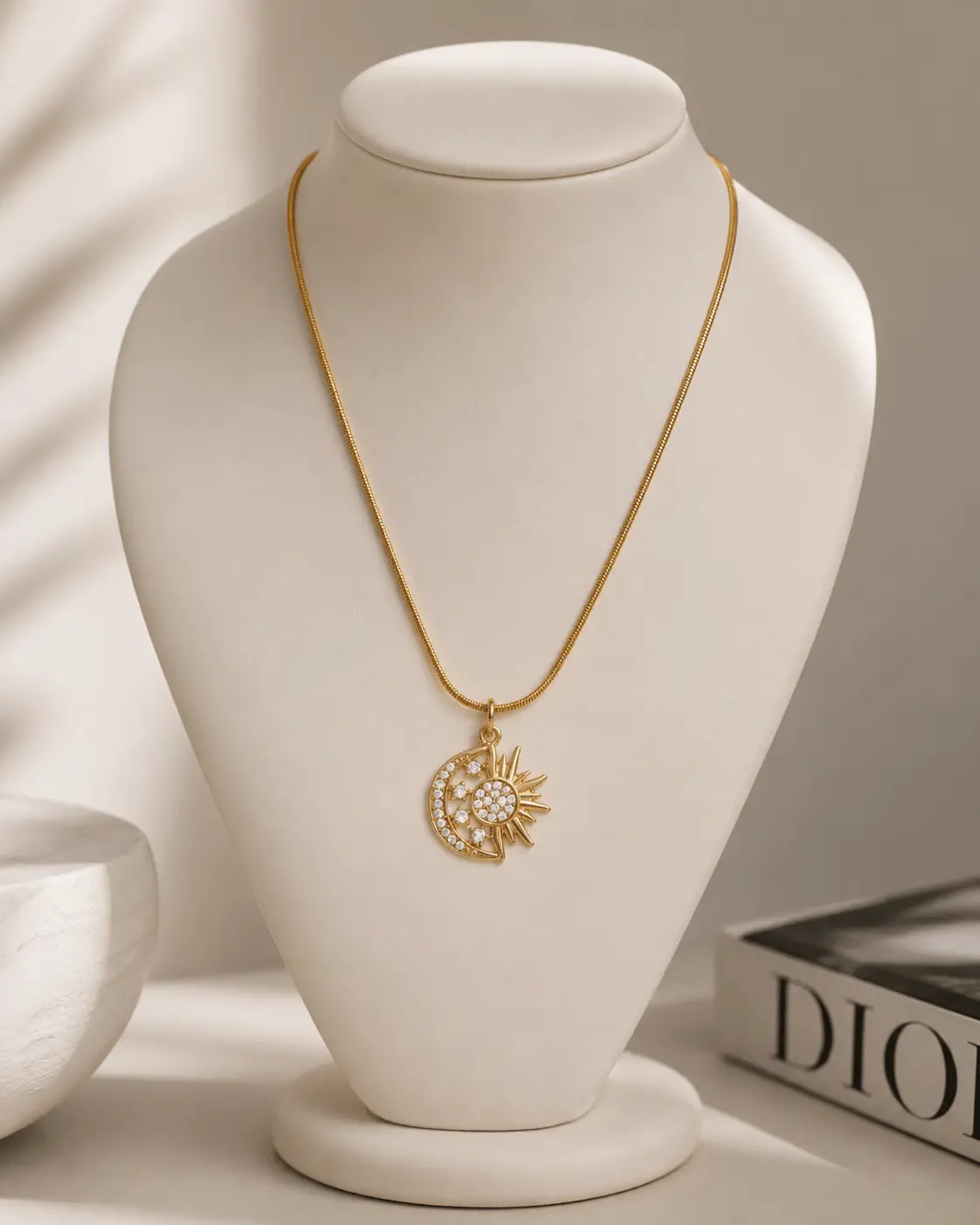 Sun and Moon Cubic Zirconia Pendant Necklace Gold 18K Gold Plated Sun and Moon Necklace Gold Celestial Pendant Necklace Cubic Zirconia Sun Moon Necklace Malqani Sun and Moon Necklace