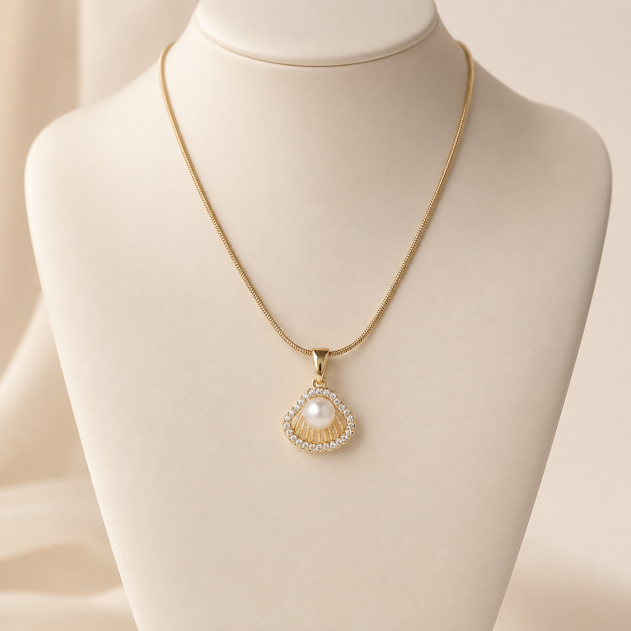 Pearl Seashell Cubic Zirconia Pendant Necklace – Gold
