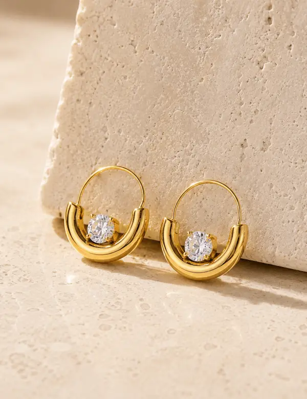 Luna Arc Zirconia Hoop Stud Earrings Gold 18K Gold Plated Zirconia Hoop Stud Earrings Gold Cubic Zirconia Hoop Earrings Elegant Hoop Stud Earrings for Women Malqani Luna Arc Earrings